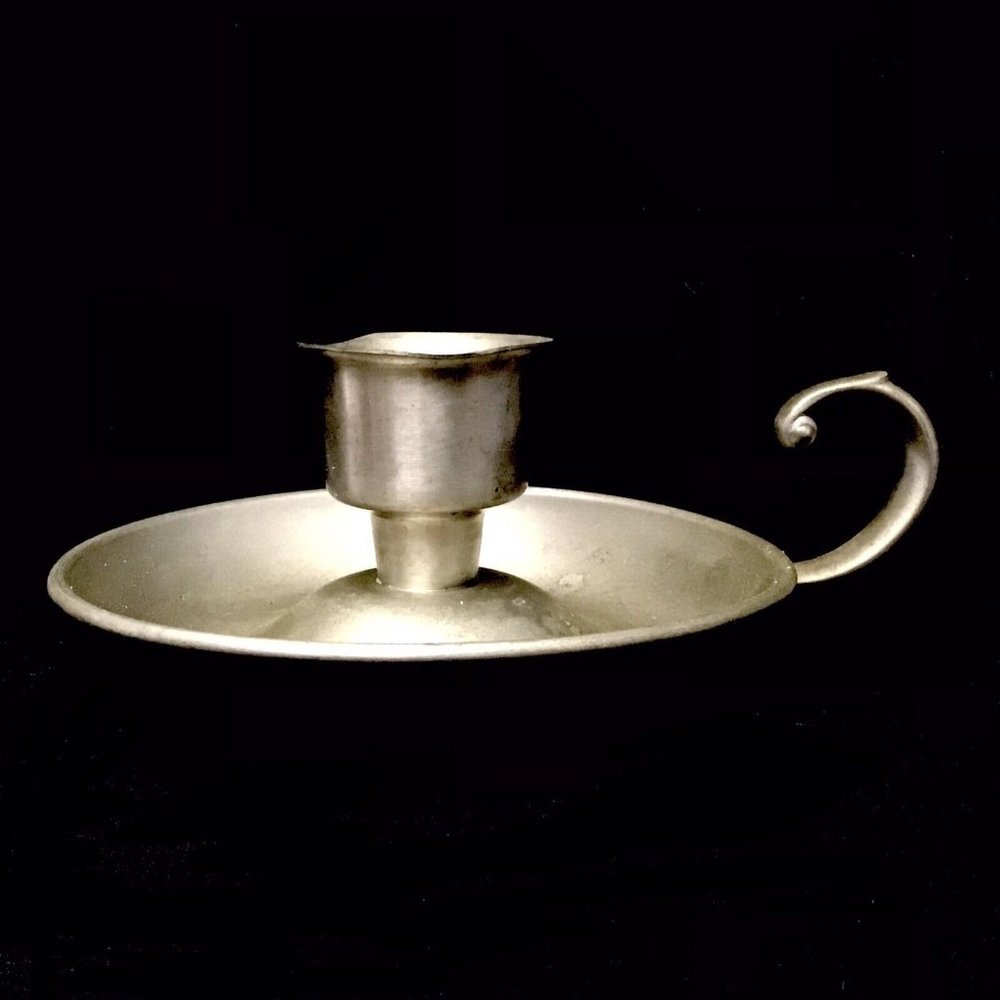 Vintage Preisner Pewter Colonial Chamber Candle Stick Finger Loop Handle #2052